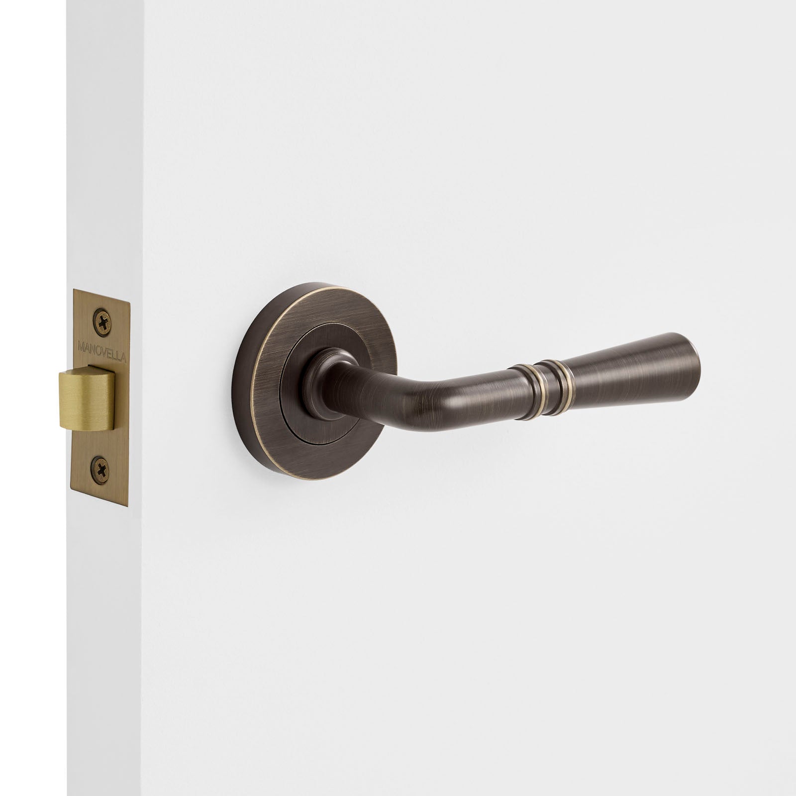 Bronze door handle on a white door
