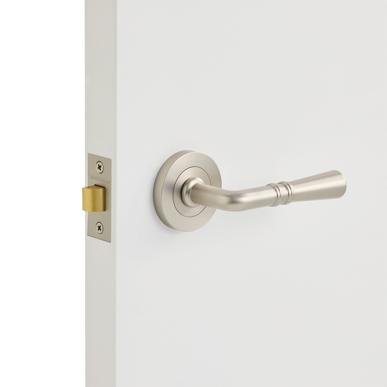 Brushed Nickel Passage Door Handle Installed on a Door
