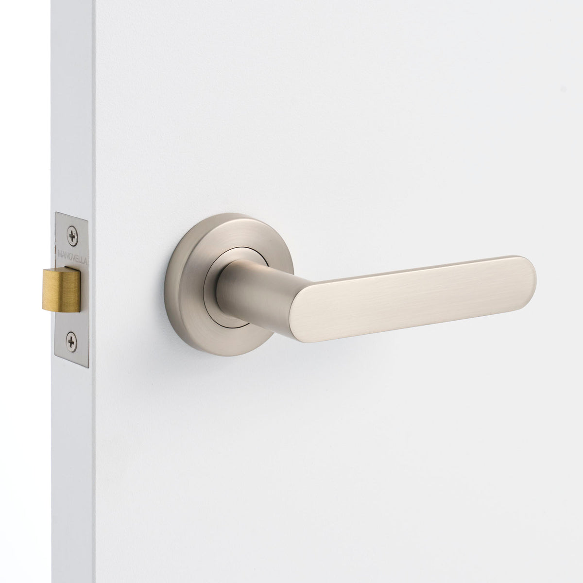 Brushed Nickel Door Handle Installed on a Door
