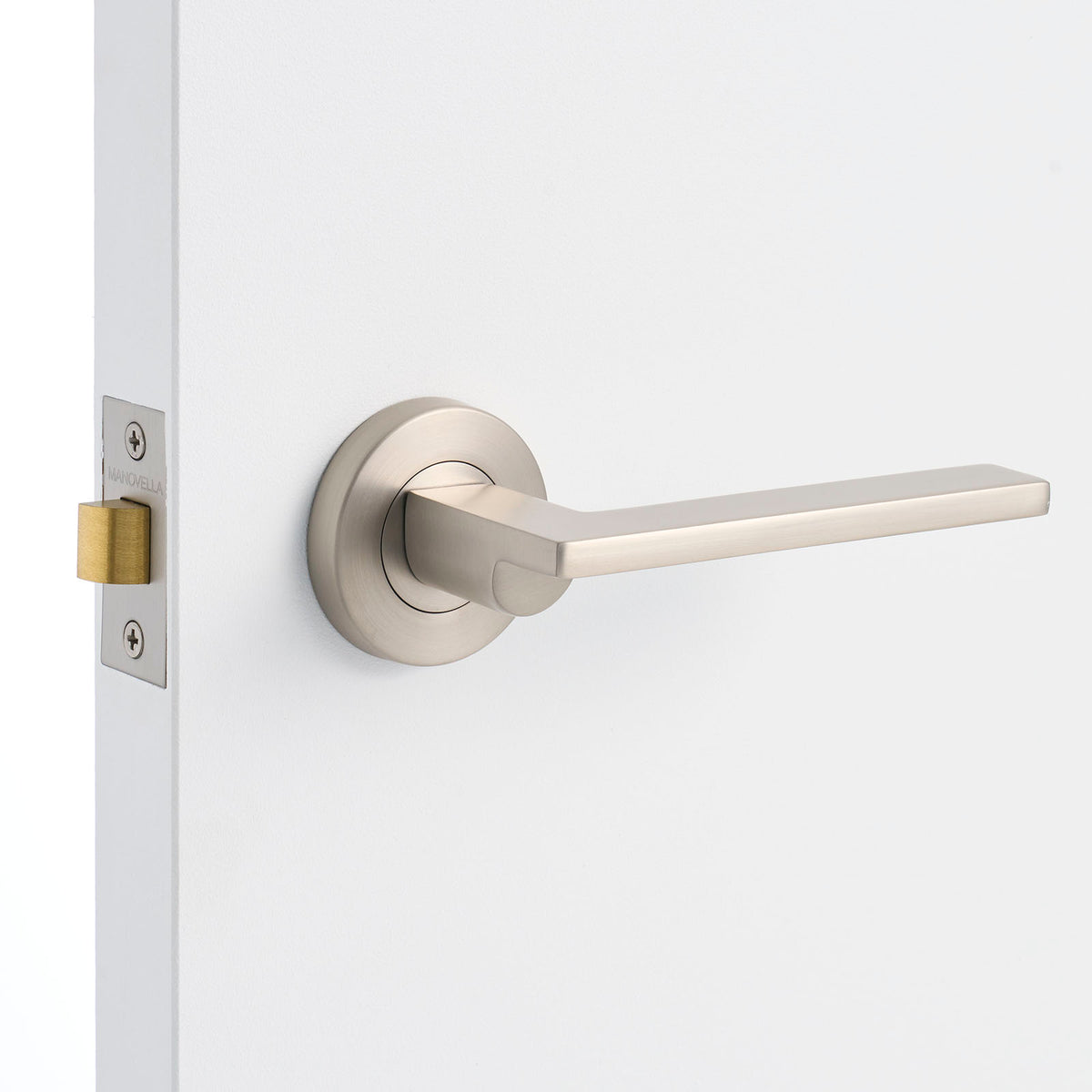 Brushed Nickel Passage Door Handle Installed on a Door