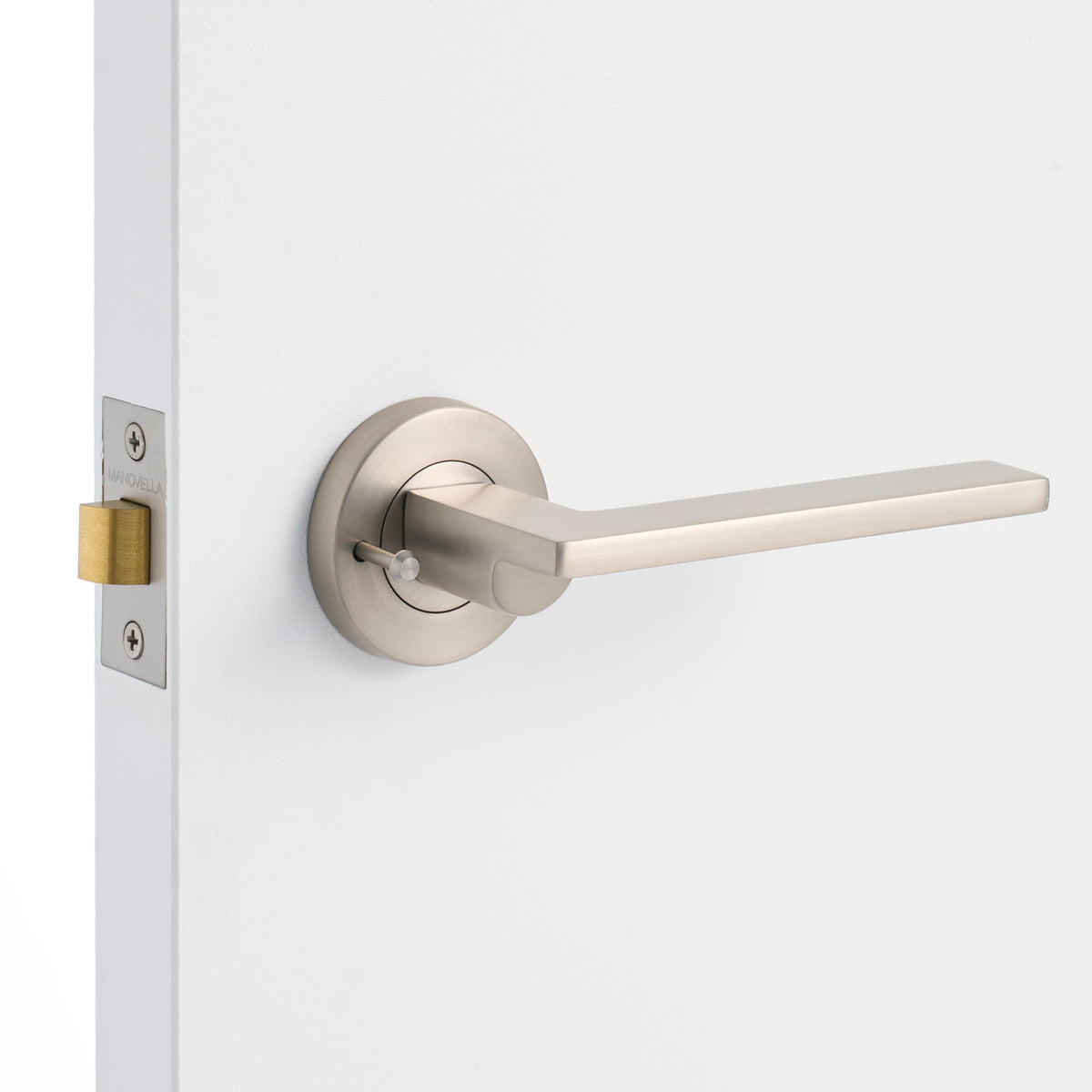 Brushed Nickel Privacy Door Handle Installed on a Door