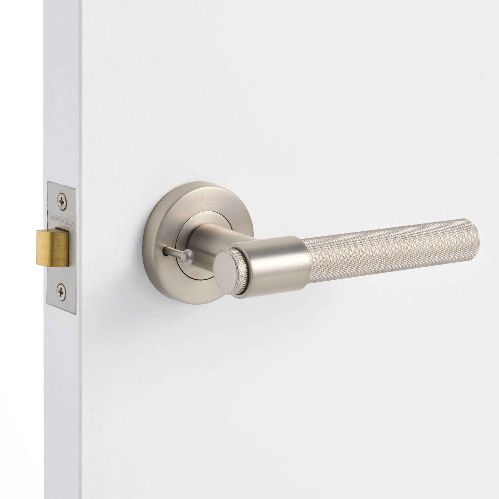 Brushed Nickel Privacy Door Handle Installed on a Door