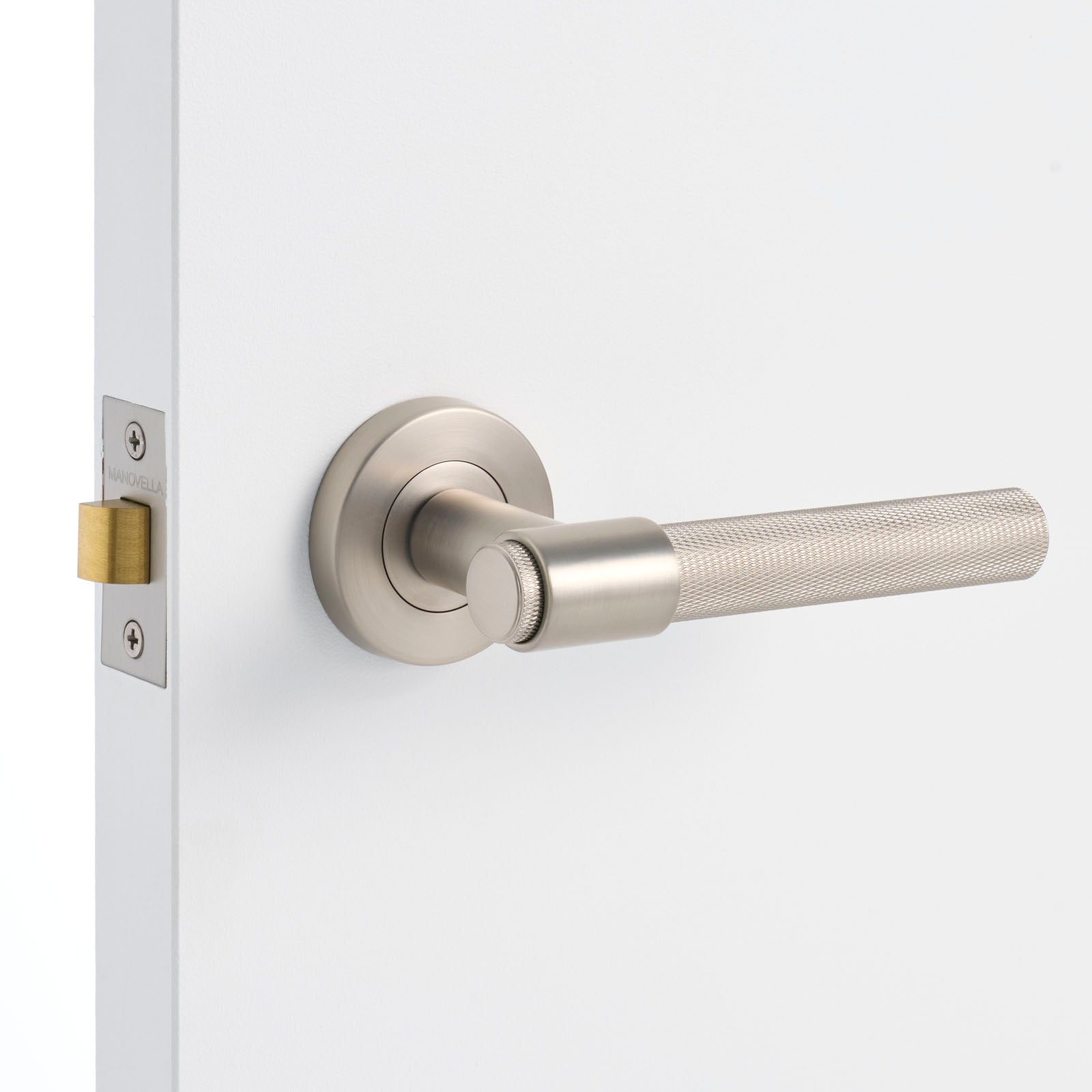 Brushed Nickel Passage Door Handle Installed on a Door