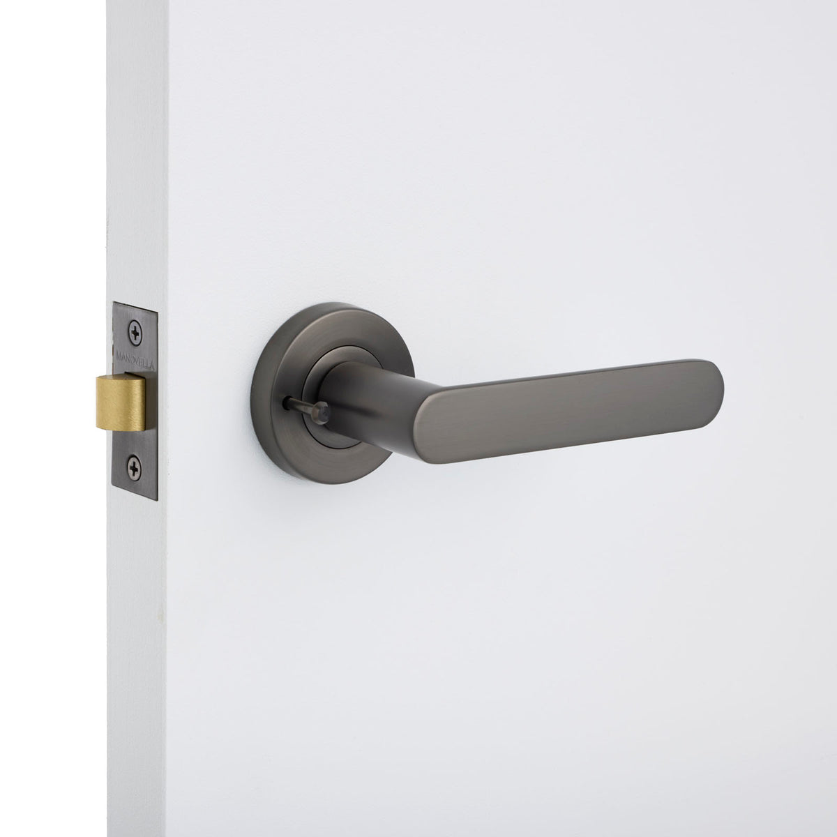 Gunmetal Privacy Door Handle Installed on a Door