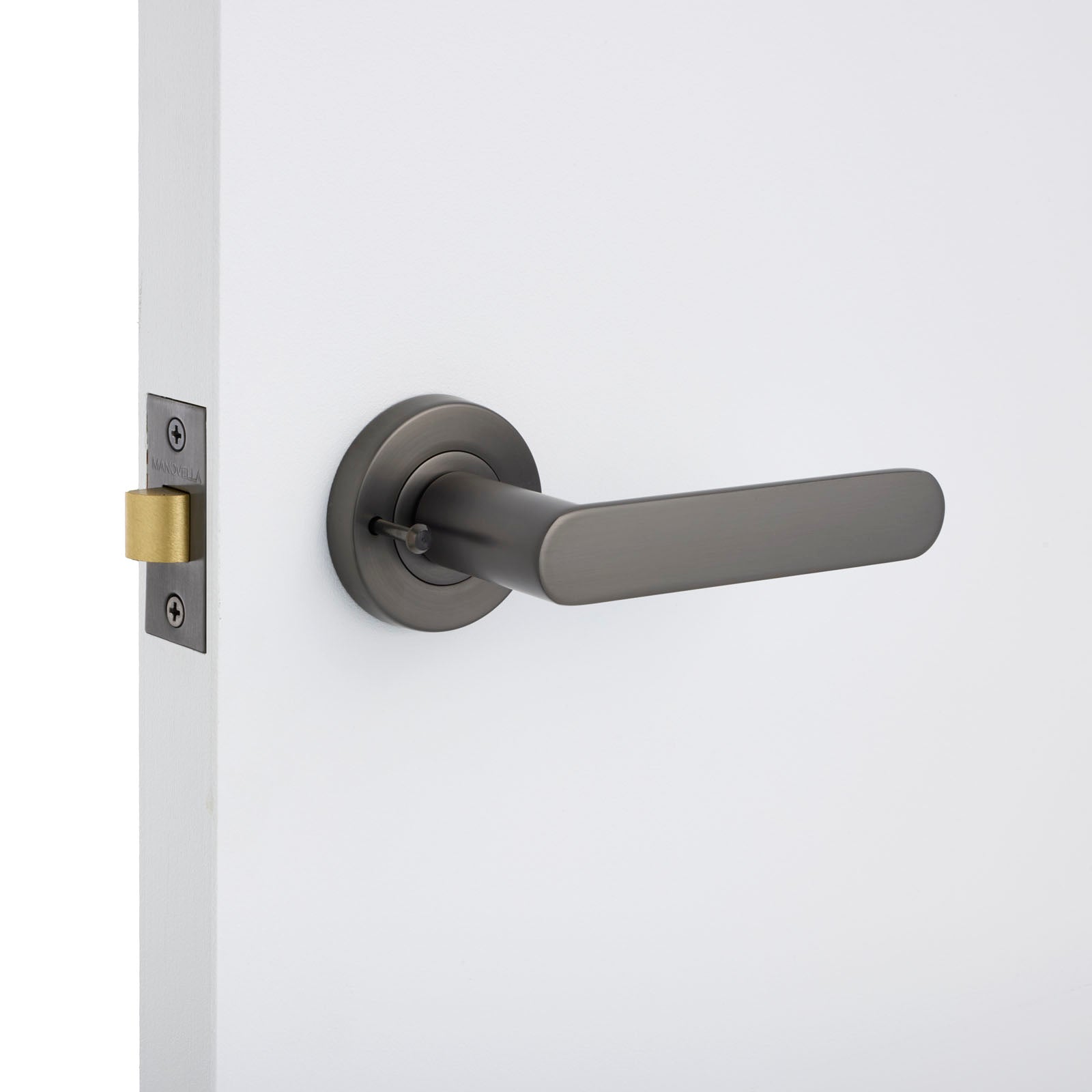 Gunmetal Privacy Door Handle Installed on a Door