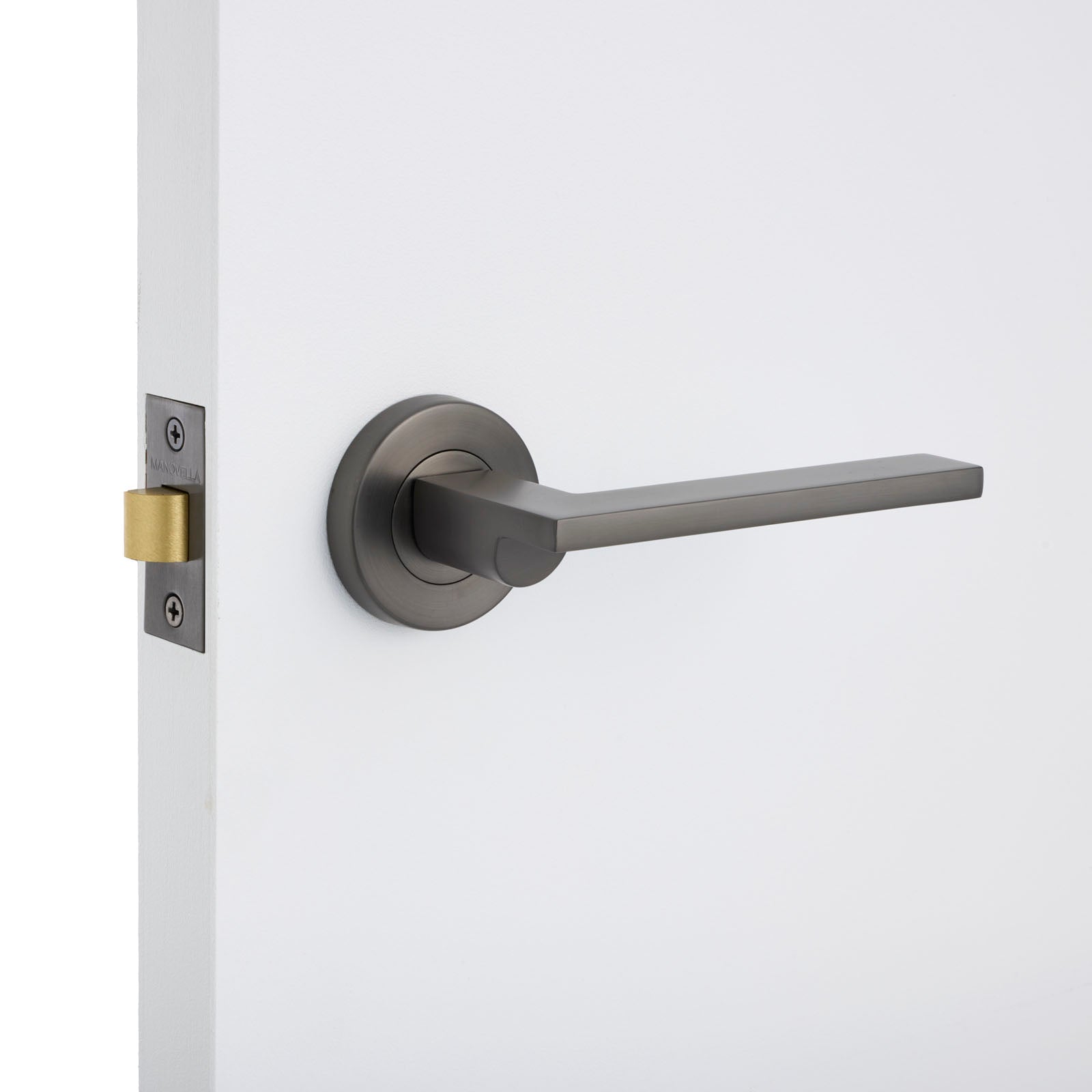 Gunmetal Passage Door Handle Installed on a Door