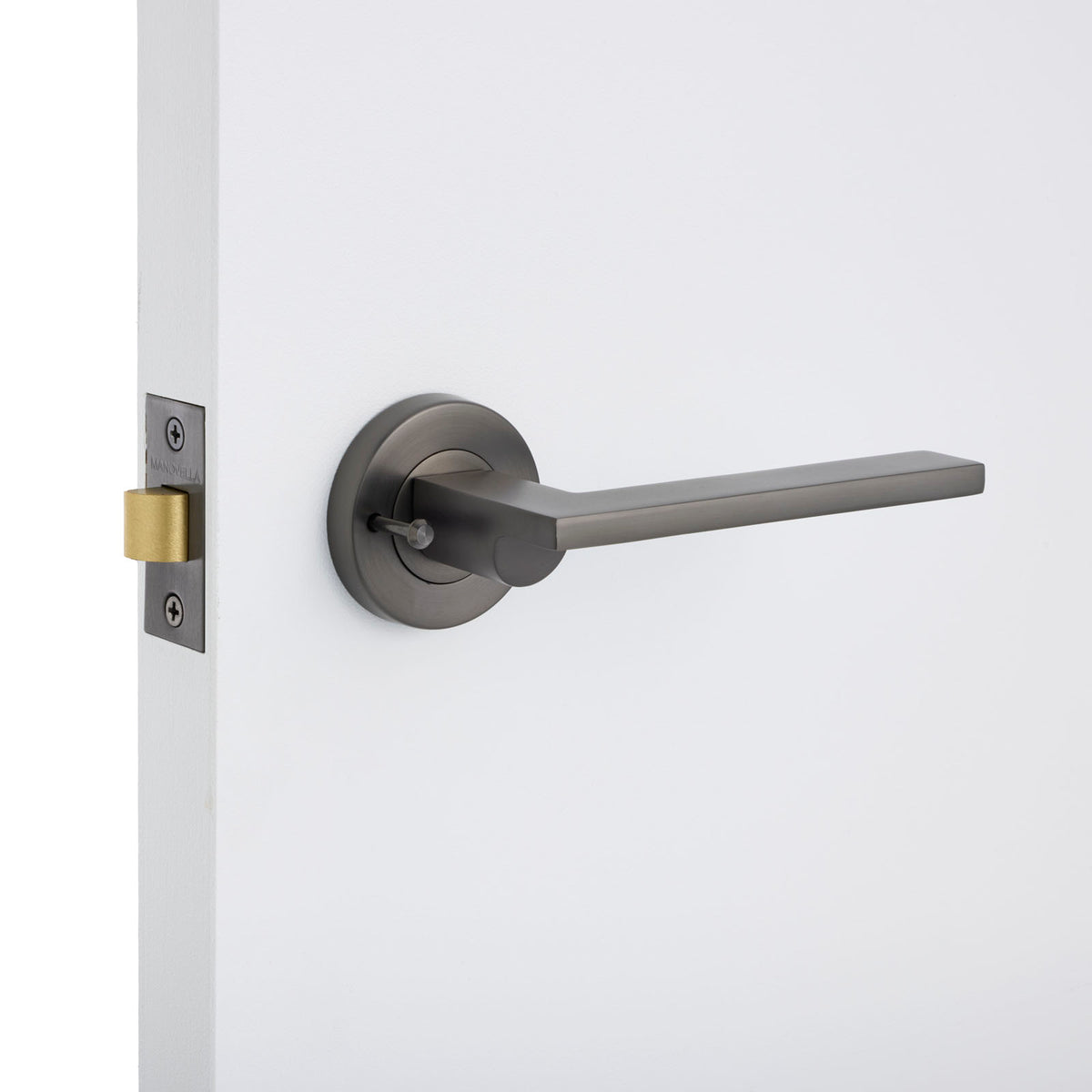 Gunmetal Privacy Door Handle Installed on a Door