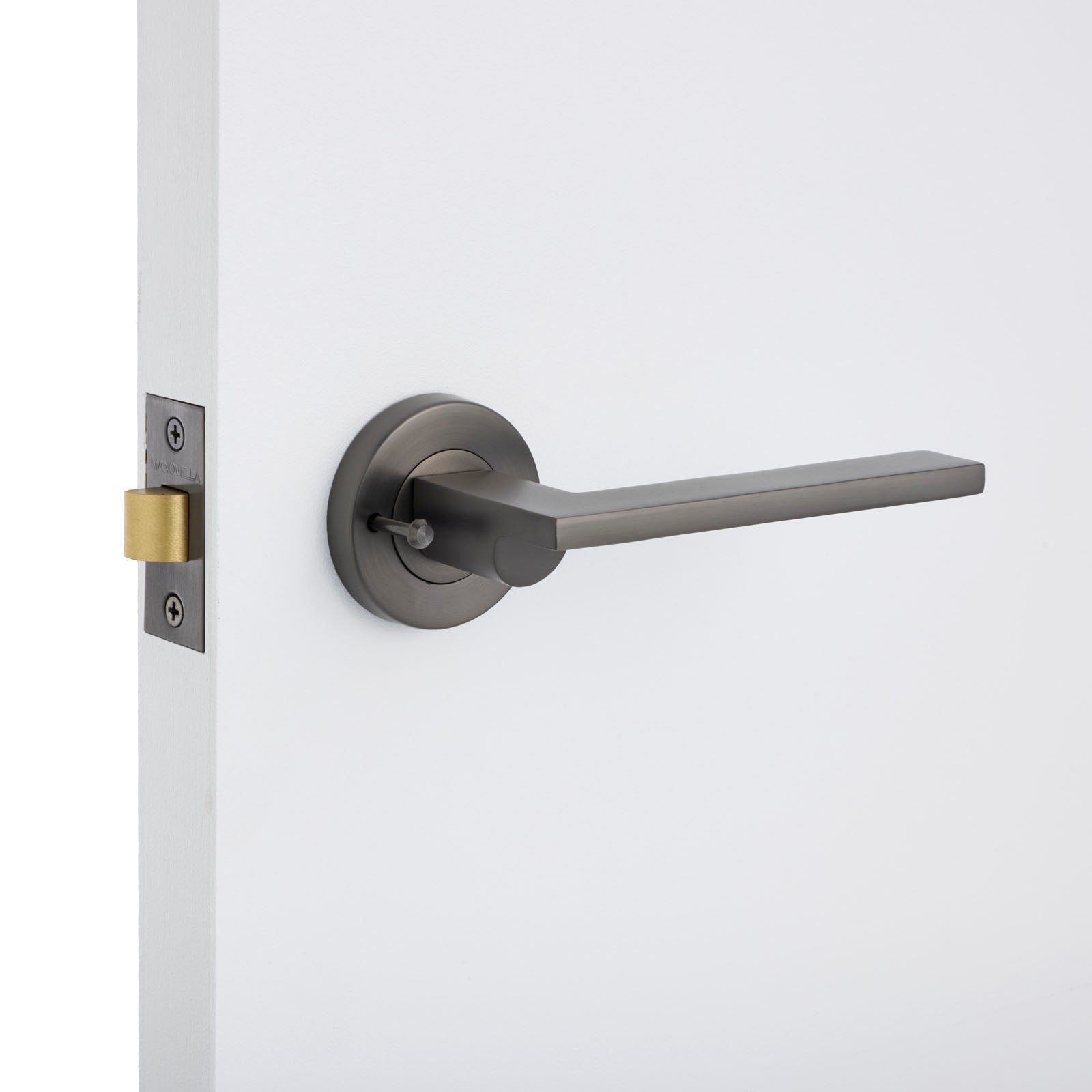 Gunmetal Privacy Door Handle Installed on a Door