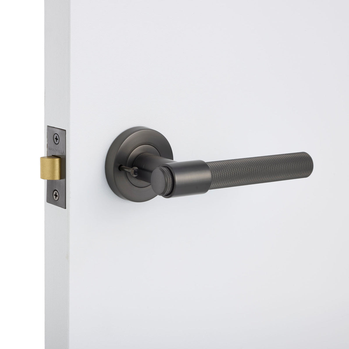 Gunmetal Privacy Door Handle Installed on a Door