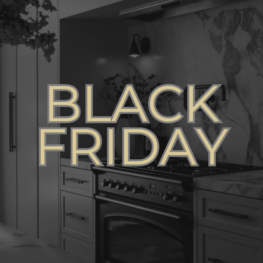 Black Friday text overlay on a kitchen background with an oven.