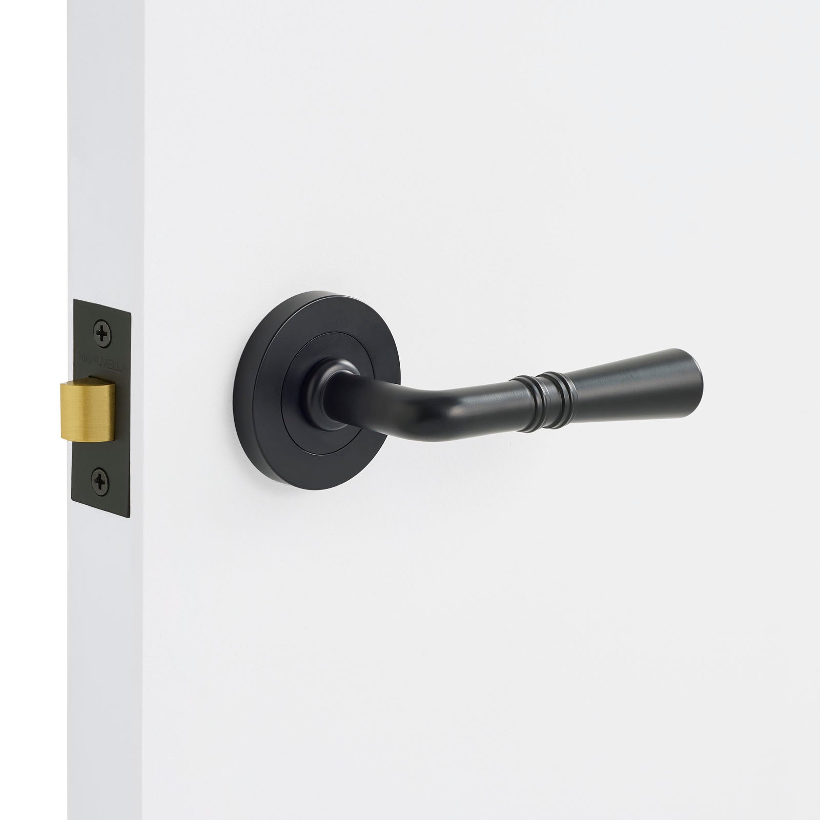 Black door handle on a white door with a gold deadbolt.