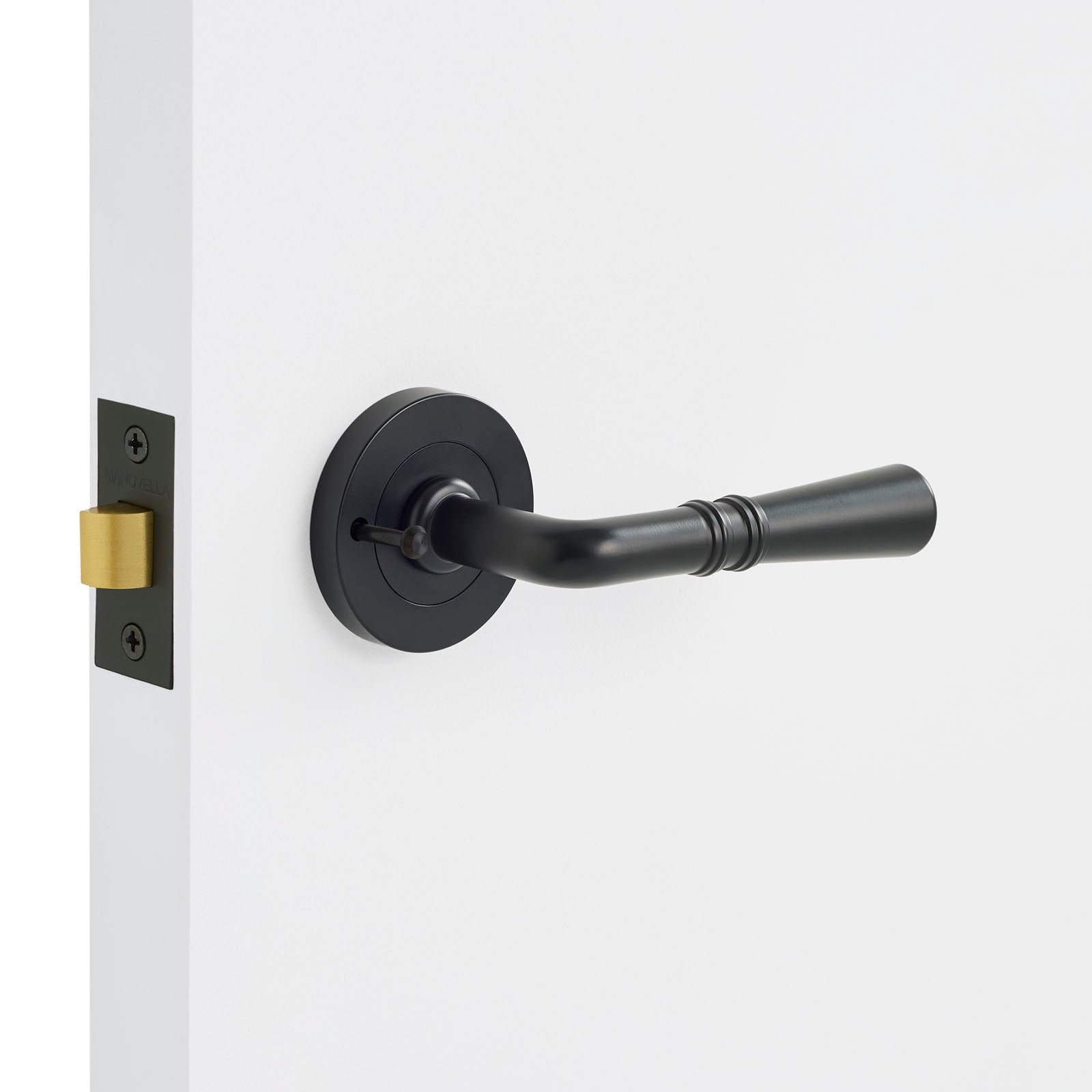 Black door handle on a white door with a gold deadbolt.