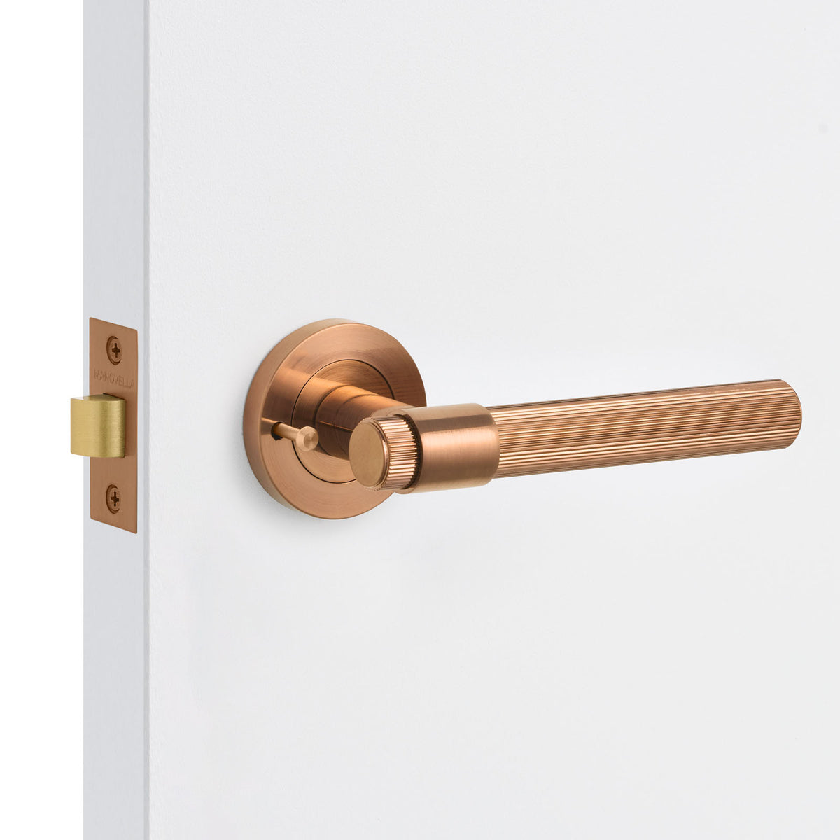 Bronze door handle on a white door