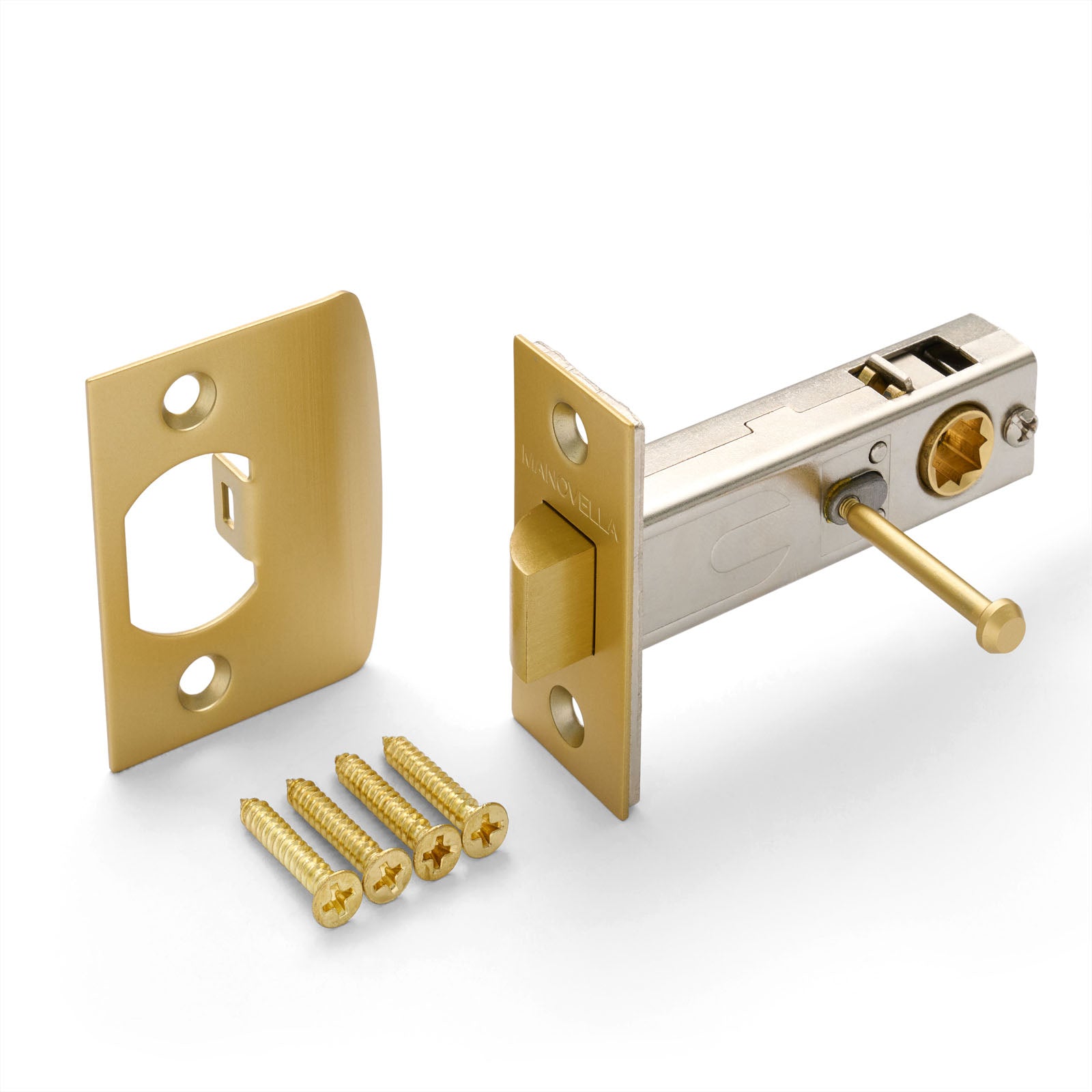 A gold-colored privacy latch set with a backset and D-strike, including screws, displayed against a white background