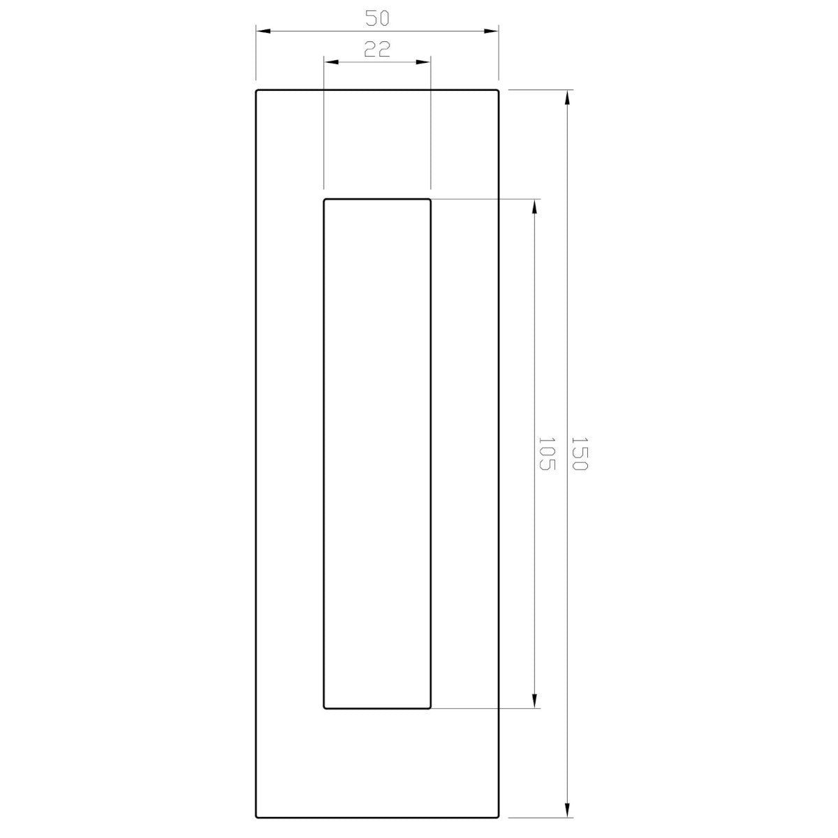 Line drawing with measurements of 150mm x 50mm flush pull
