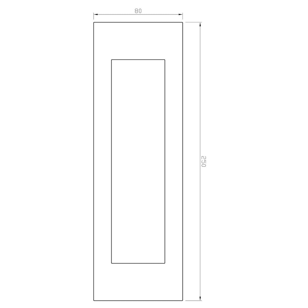 2D line drawing of Manovella 250mm x 80mm flush pull with measurements